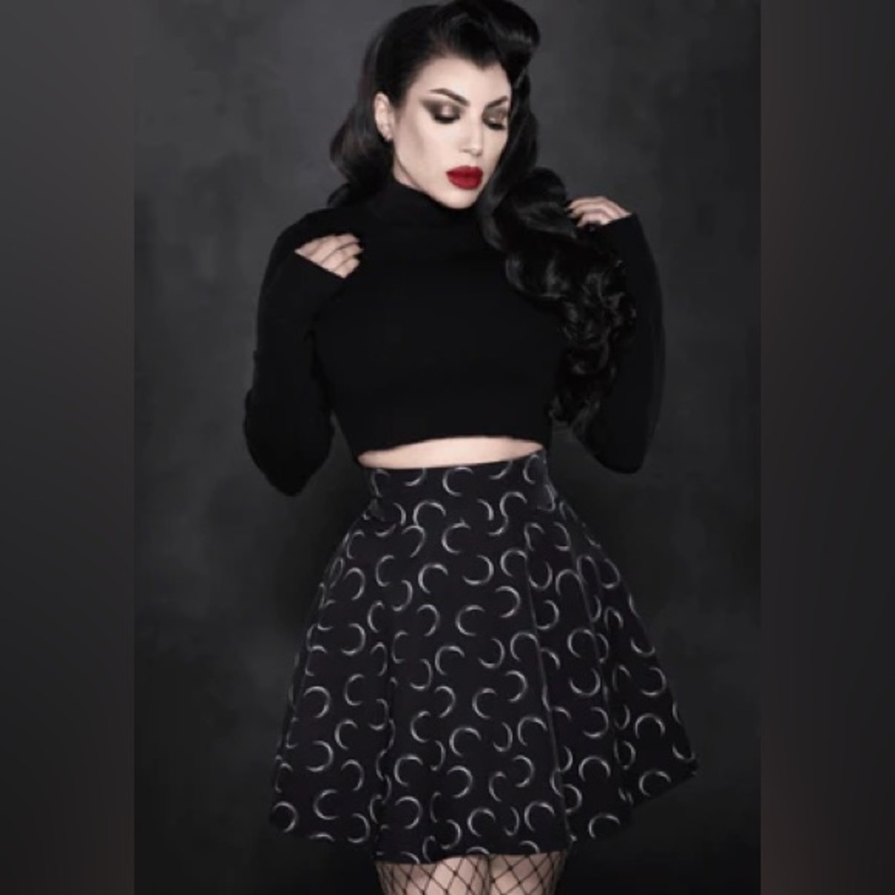 High-Waist Black Circle Skater Skirt with Crescent Moon Print